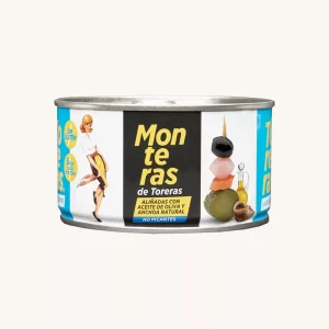 Monteras de Toreras Nicht scharfe Banderillas (Gurkenspieße) mit einer schwarzen Olive obendrauf, in Olivenöl, Dose